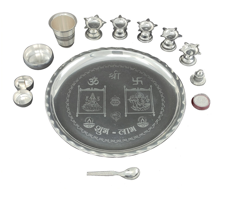 NOBILITY Silver Plated Pooja Thali Set 12 Inch with Designed Puja Thali Glass Bowl Dhup Dan Haldi Kumkum Stand Diya Spoon Coin for Home Mandir Office Wedding Return Gift Items