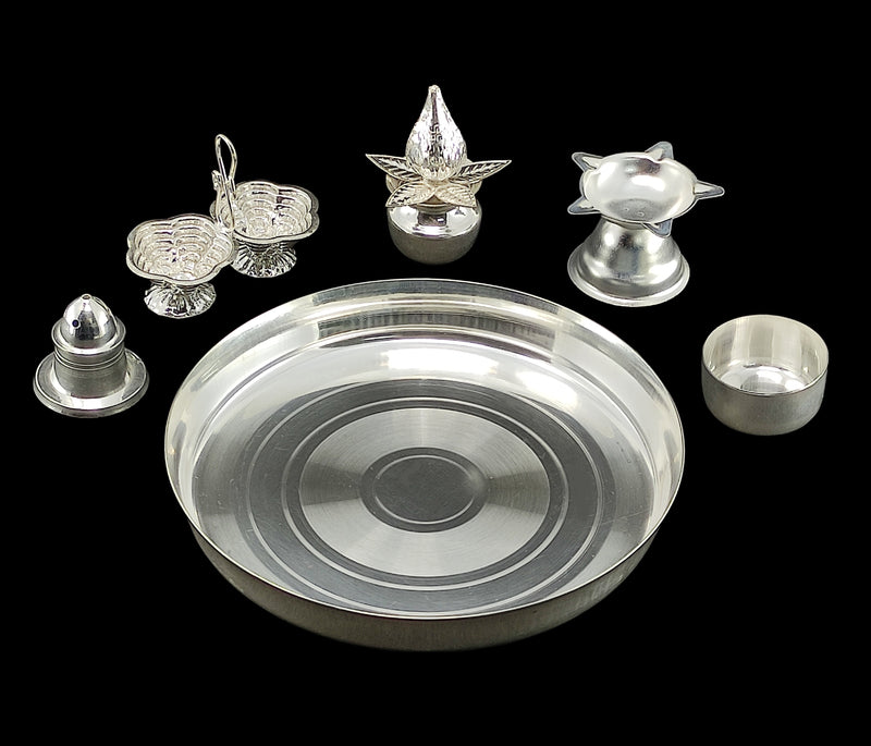 NOBILITY Silver Plated Pooja Thali Set 6 Inch with Accessories Puja Decorative Items for Home Mandir Office Wedding Return Gift