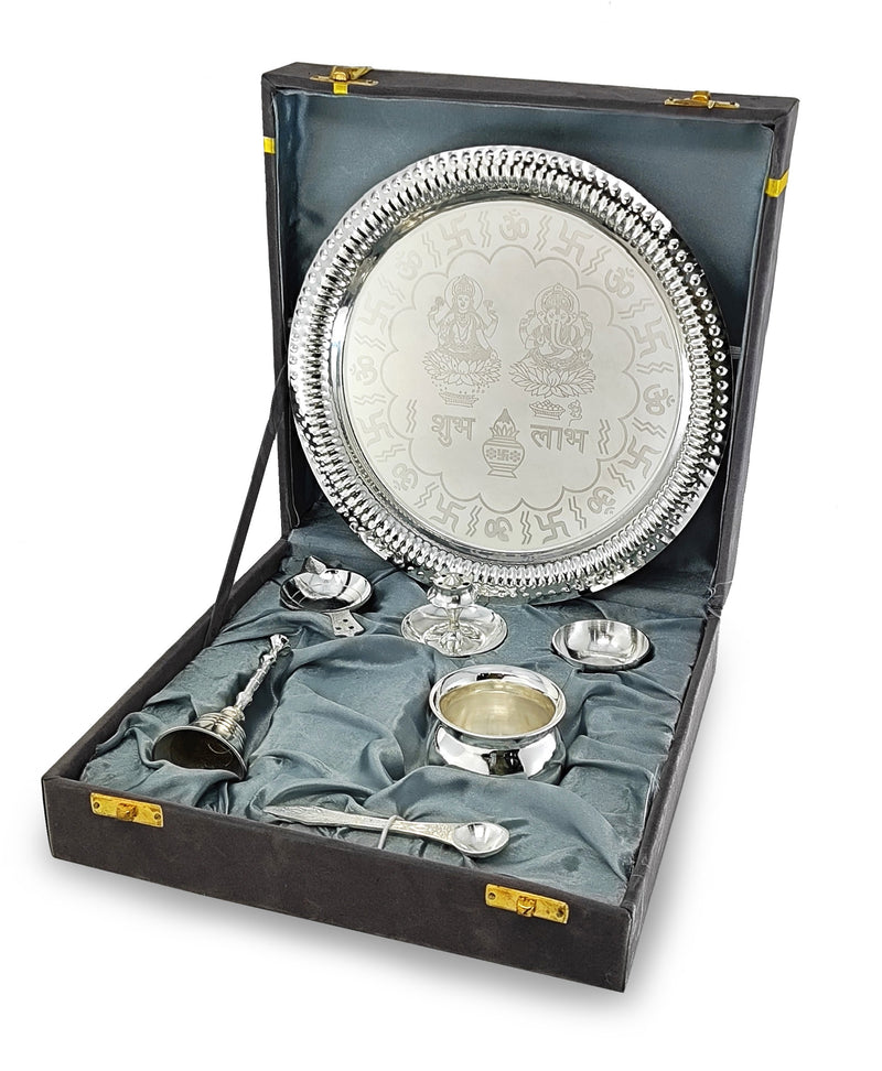 NOBILITY Pooja Thali Set Silver Plated with Grey Gift Box Designed Puja Plate 22 CM Bowl Ghanti Kalash Spoon Dhup Dan Diya for Home Office Diwali