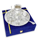 NOBILITY Pooja Thali Set Silver Plated with Blue Gift Box Designed Puja Plate 8 Inch for Home Office Diwali Wedding Return Gift Items