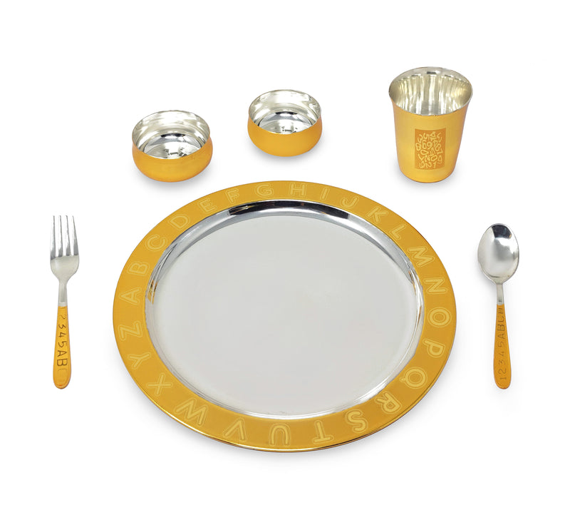 NOBILITY Gold & Silver Plated Baby Dinner Set With Gray Velvet Box for Gift Rice Ceremony Annaprashan Sanskar for Boys Girls Kids Birthday Return Festive Gift Items