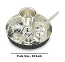 আভিজাত্য সিলভার প্লেটেড পূজা থালি সেট 5 ইঞ্চি প্লেট দিয়া গ্লাস আগরবাতি স্ট্যান্ড বাটি চামচ মাঝে মাঝে গৃহ মন্দির অফিস বিবাহের উপহার সামগ্রীর জন্য সাজসজ্জা 