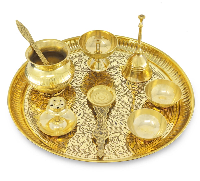 NOBILITY Brass Pooja Thali Set 10 Inch for Diwali Home Office Mandir Wedding Return Gift Items