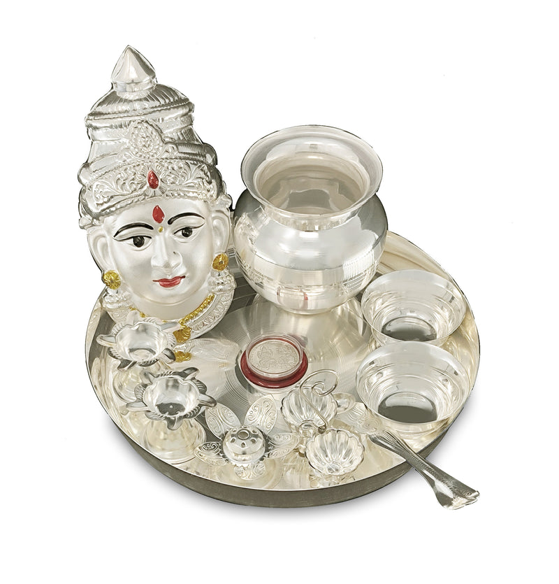 NOBILITY Silver Plated Pooja thali Set with Varalakshmi Devi Mukhota Idol Statue