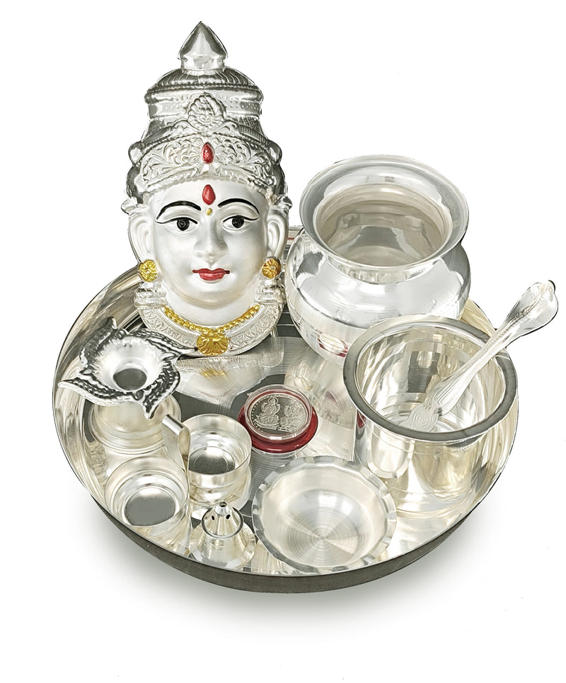 NOBILITY Silver Plated Pooja thali Set with Varalakshmi Devi Mukhota Idol Statue