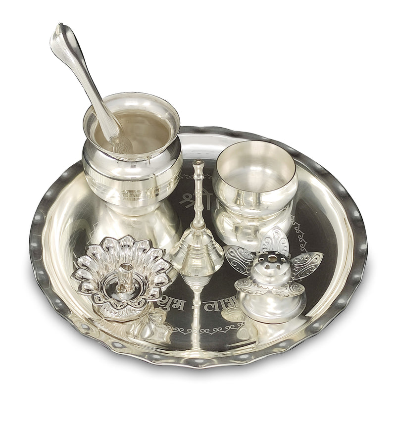 NOBILITY Silver Plated Pooja Thali Set 8 Inch with Plate Bowl Kalash Diya Palli Chandan Wati Kumkum Holder Puja Thali for Diwali Home Mandir Office Wedding Return Gift Items