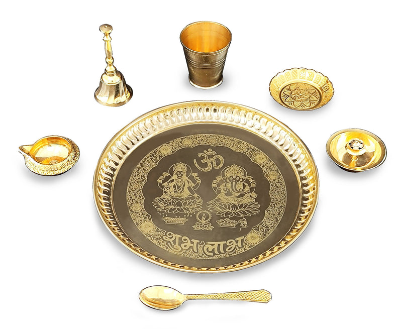 NOBILITY Brass Pooja Thali Set 8 Inch with Pital Puja Plate Glass Kangura Plate Spoon Dhup Dan Kuber Deep Ghanti Arti Thali for Diwali Home Office Mandir Wedding Return Gift Items