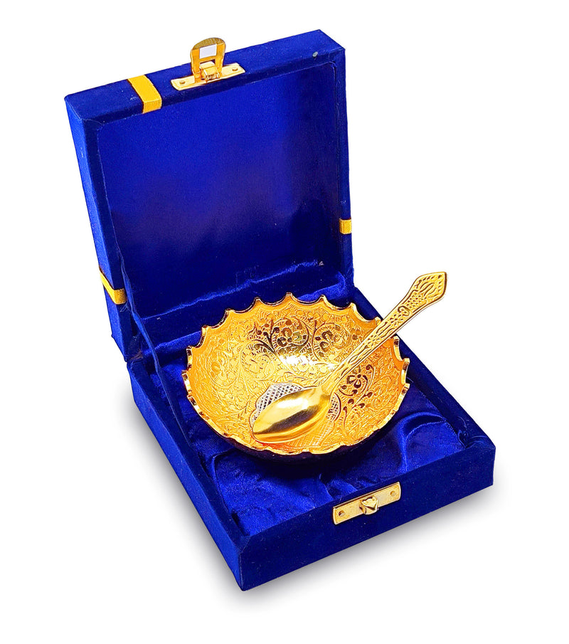 NOBILITY Bowl Spoon Set Gold and Silver Plated Leaf Shaped Designed with Velvet Box Dry Fruit Dessert Serving Sets Friends Family Home Decorative Corporate Gifts Wedding Return Gift