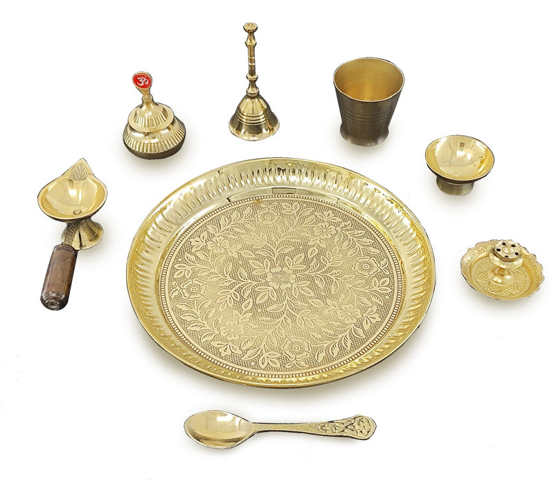 NOBILITY Brass Pooja Thali Set 7 Inch with Pital Puja Plate Kalash Bowl Spoon Dhup Dan Palli Ghanti Kuber Diya Chandan Wati Arti Thali for Diwali Home Office Mandir Wedding Return Gift Items