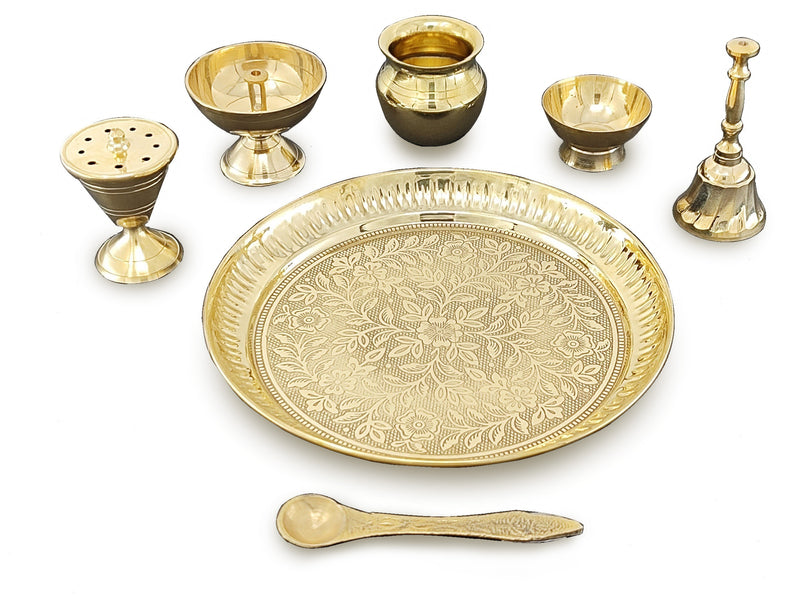 NOBILITY Brass Pooja Thali Set 7 Inch with Pital Puja Plate Kalash Bowl Spoon Dhup Dan Palli Ghanti Kuber Diya Chandan Wati Arti Thali for Diwali Home Office Mandir Wedding Return Gift Items