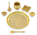 NOBILITY Brass Pooja Thali Set 8 Inch Puja Thali with Pital Plate Kalash Haldi Kumkum Holder Agarbatti Stand Kuber Diya Ghanti Palli Arti Thali for Diwali Home Office Mandir Wedding Return Gift Items