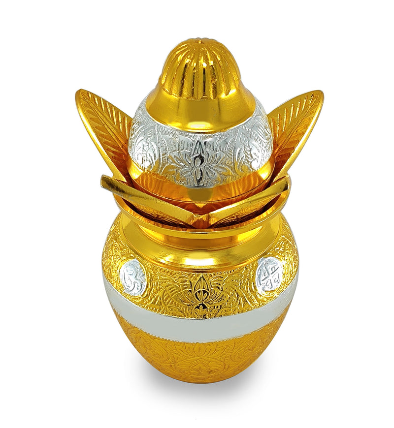 NOBILITY German Silver Gold Plated Pooja Kalash lota Coconut Leaves with Royal Velvet Box Poojan Home Temple Diwali Wedding Gift Items