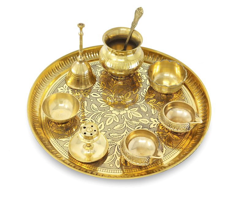 NOBILITY Brass Pooja Thali Set 10 Inch for Diwali Home Office Mandir Wedding Return Gift Items