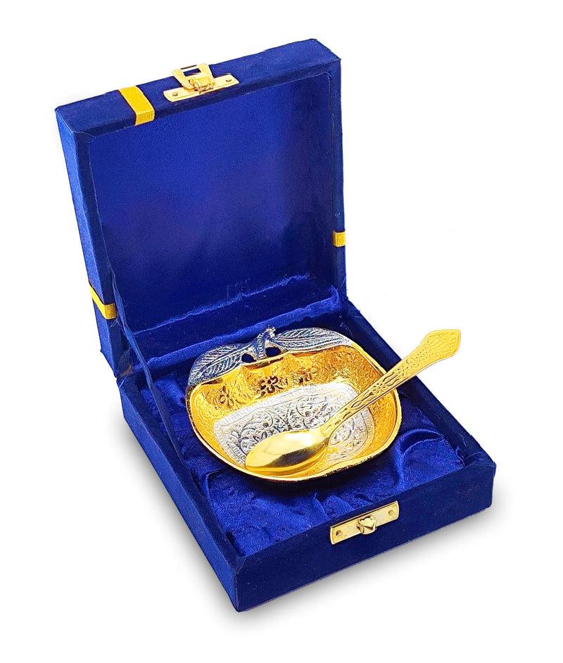 NOBILITY Bowl Spoon Set Gold and Silver Plated Leaf Shaped Designed with Velvet Box Dry Fruit Dessert Serving Sets Friends Family Home Decorative Corporate Gifts Wedding Return Gift