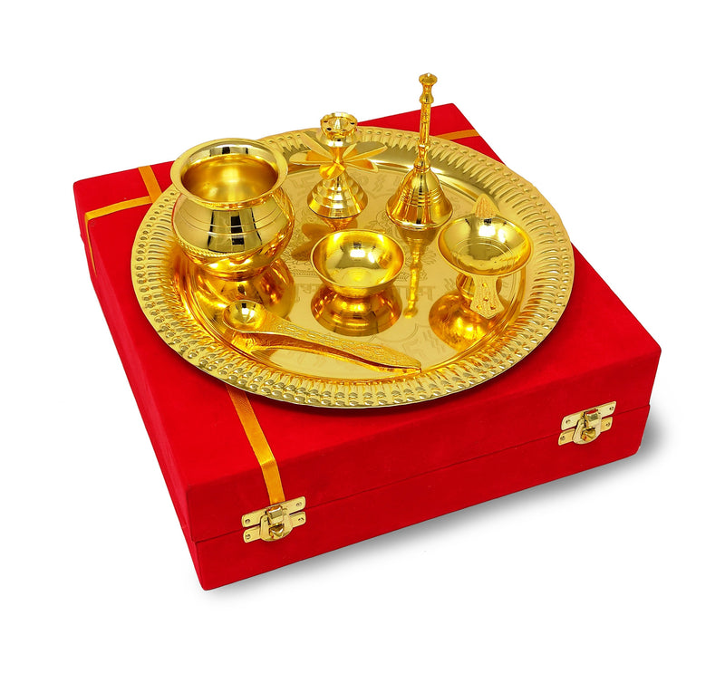 NOBILITY Pooja Thali Set Gold Plated with Red Gift Box Designed Puja Plate 22 CM Bowl Ghanti Kalash Spoon Dhup Dan Diya for Home Office Diwali Wedding Return Gift Items