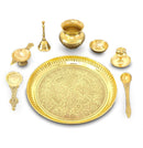 NOBILITY Brass Pooja Thali Set 8 Inch Puja Thali with Pital Plate Kalash Palli Chandan Wati Agarbatti Stand Kappur Arti Diya for Diwali Home Office Mandir Wedding Return Gift Items