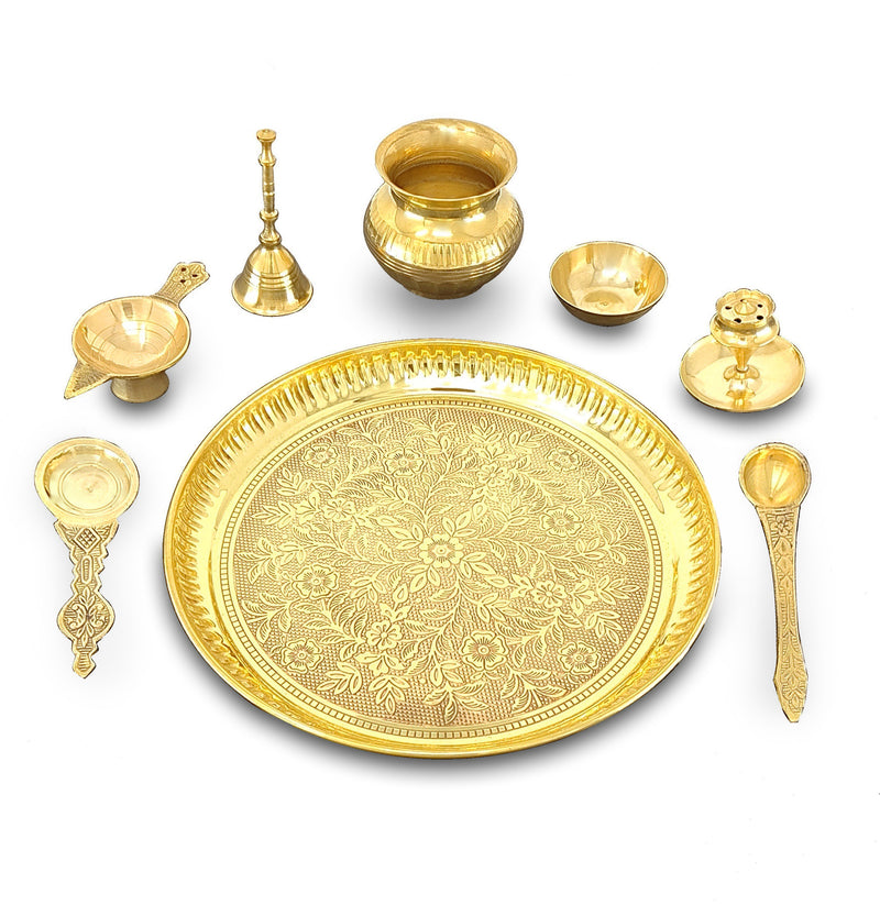 NOBILITY Brass Pooja Thali Set 8 Inch Puja Thali with Pital Plate Kalash Palli Chandan Wati Agarbatti Stand Kappur Arti Diya for Diwali Home Office Mandir Wedding Return Gift Items