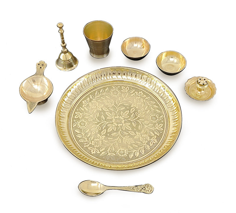 NOBILITY Brass Pooja Thali Set 7 Inch with Pital Puja Plate Kalash Bowl Spoon Dhup Dan Palli Ghanti Kuber Diya Chandan Wati Arti Thali for Diwali Home Office Mandir Wedding Return Gift Items