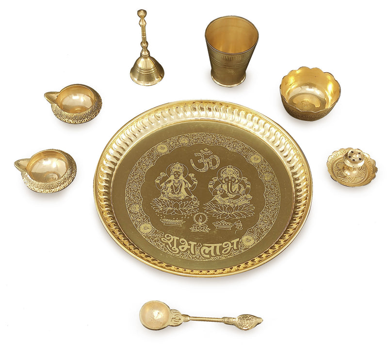 NOBILITY Brass Pooja Thali Set 8 Inch with Pital Plate Glass Nag Archmini Spoon Ghanti Kuber Diya Dhup Dan Bowl Puja Thali for Diwali Home Mandir Office