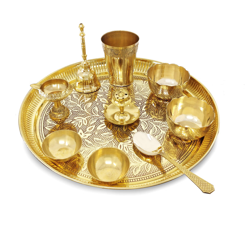 NOBILITY Brass Pooja Thali Set 10 Inch for Diwali Home Office Mandir Wedding Return Gift Items