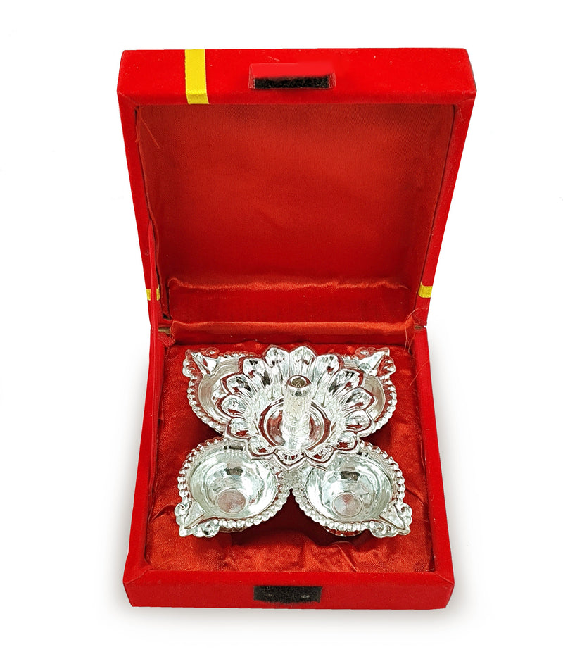 Nobility Silver Plated Diya with Red Velvet Gift Box Panchmukhi Dia Pooja Items Diwali Decoration Puja Gifts Handmade Oil Lamp Traditional Indian Deepawali Gift Items