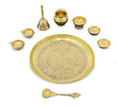 NOBILITY Brass Pooja Thali Set 8 Inch Puja Thali with Pital Plate Kalash Chandan Vati Dhup Dan Kuber Diya Ghanti Palli Arti Thali for Diwali Home Office Mandir Wedding Return Gift Items