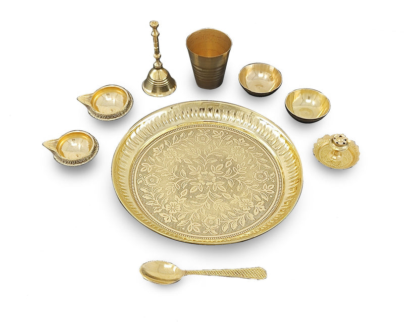 NOBILITY Brass Pooja Thali Set 7 Inch with Pital Puja Plate Kalash Bowl Spoon Dhup Dan Palli Ghanti Kuber Diya Chandan Wati Arti Thali for Diwali Home Office Mandir Wedding Return Gift Items