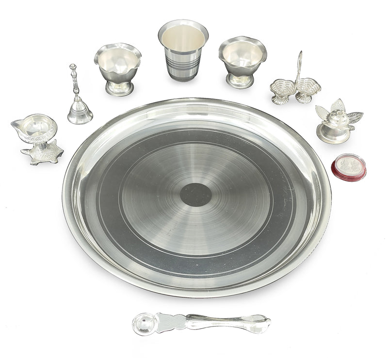 NOBILITY Silver Plated Pooja Thali Set 12 Inch with Accessories Daily Puja Decorative Item for Diwali Mandir Home Office Wedding Return Gift Items