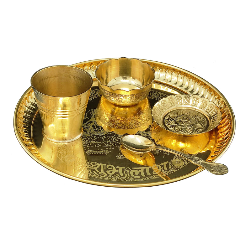 NOBILITY Brass Ganesh Lakshmi Bhog thali Pooja Set 8 Inch with Pital Plate Glass Spoon Prasad Bowls Puja Thali for Diwali Home Mandir Office Wedding Return Gift Items