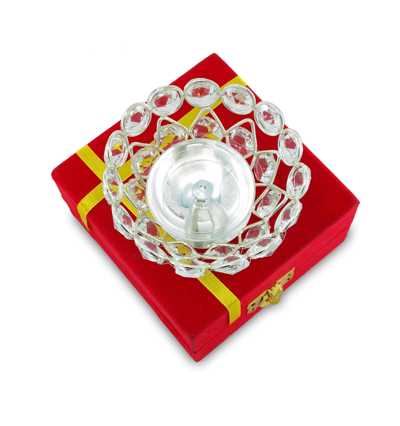 NOBILITY Crystal Diya with Red Velvet Gift Box German Silver Chrystal Akhand Piyali Dia Pooja Items Diwali Decoration Puja Gifts Handmade Oil Lamp