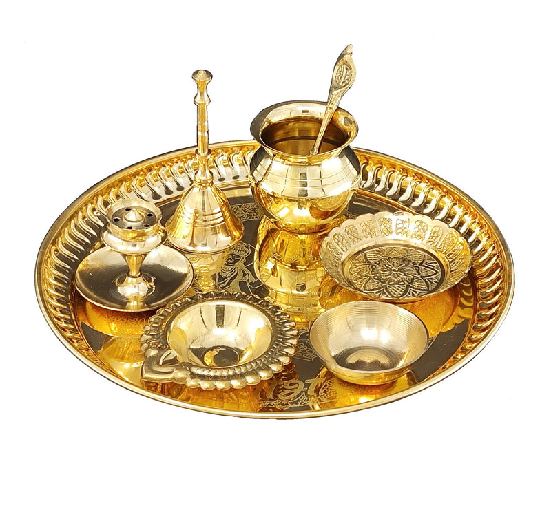 NOBILITY Brass Pooja Thali Set 8 Inch Puja Items with Pital Plate Kalash Palli Kangura Plate Chandan Vati Diya Dhup Dan Ghanti Arti Thali for Diwali Home Office Mandir Wedding Return Gift Items