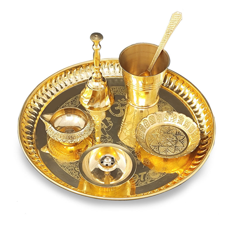 NOBILITY Brass Pooja Thali Set 8 Inch with Pital Puja Plate Glass Kangura Plate Spoon Dhup Dan Kuber Deep Ghanti Arti Thali for Diwali Home Office Mandir Wedding Return Gift Items