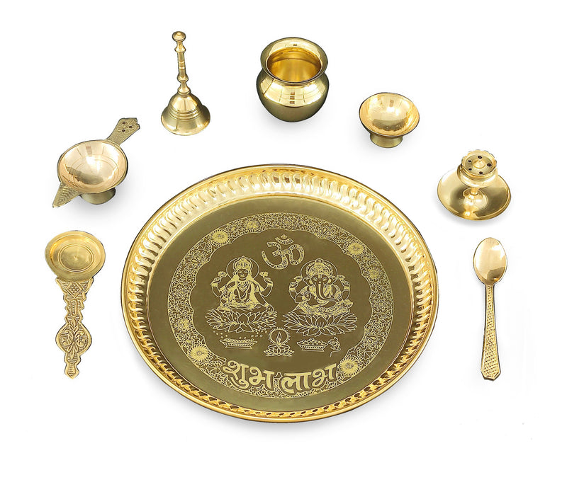 NOBILITY Brass Pooja thali Set 8 Inch with Pital Plate Kalash Spoon Diya Bowl Dhup Dan Ghanti Kappur Arti Daily Puja Thali for Diwali Home Mandir Office Wedding Return Gift Items