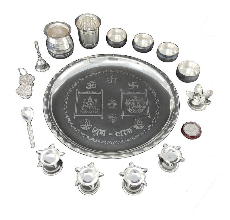 NOBILITY Pooja Thali Set Silver Plated Puja Thali for Diwali Decoration Gift Items Festival Ethnic Puja Thali for Temple Office Home Wedding Return Gifts