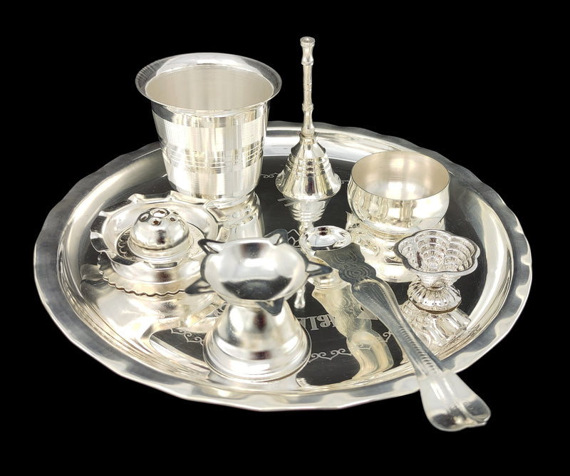 NOBILITY Silver Plated Pooja thali Set 8 Inch Daily Puja Thali for Diwali Home Mandir Office Wedding Return Festive Gift Items