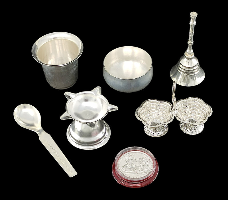 NOBILITY Silver Plated Pooja thali Set 7 Inch Plate Kumkum Holder Diya Glass Ganesh Lakshmi Coin Bowl Spoon Ghanti Festival Ethnic Puja Thali Items for Diwali Daily Home Temple Office Wedding Return Gift Items