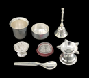 NOBILITY Silver Plated Pooja Thali Set 6 Inch Ganesh Lakshmi Coin Bowl Glass Spoon Ghanti Diya Kumkum Holder Puja Decorative Items for Home Mandir Office Wedding Return Gift Items