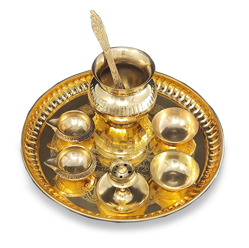 NOBILITY Brass Pooja Thali Set 8 Inch with Pital Plate Kalash Spoon Kuber Diya Bowls Dhub Dan Puja Thali for Diwali Home Office Mandir Wedding Return Gift Items