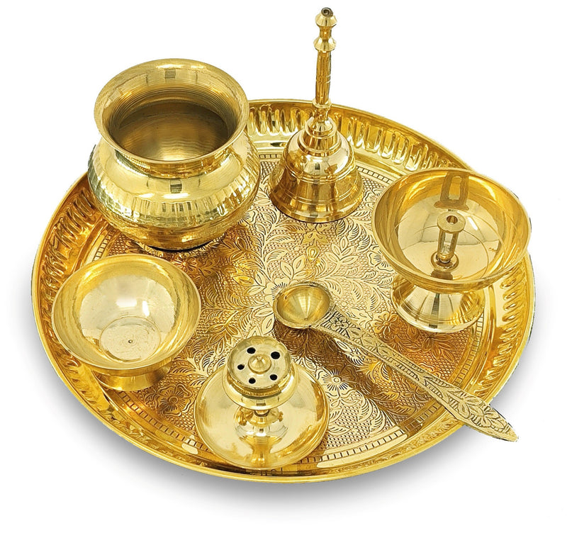 NOBILITY Brass Puja Thali Set 8 Inch Pooja Thali with Pital Plate Kalash Chandan Vati Piyali Deep Dhup Dan Ghanti Palli Diya Arti Thali for Diwali Home Office Mandir Wedding Return Gift Items