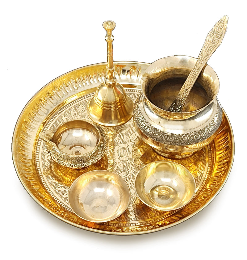 NOBILITY Brass Pooja Thali Set 7 Inch with Pital Puja Plate Kalash Bowl Spoon Dhup Dan Palli Ghanti Kuber Diya Chandan Wati Arti Thali for Diwali Home Office Mandir Wedding Return Gift Items