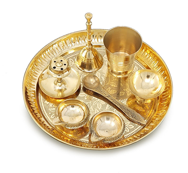 NOBILITY Brass Pooja Thali Set 7 Inch with Pital Puja Plate Kalash Bowl Spoon Dhup Dan Palli Ghanti Kuber Diya Chandan Wati Arti Thali for Diwali Home Office Mandir Wedding Return Gift Items