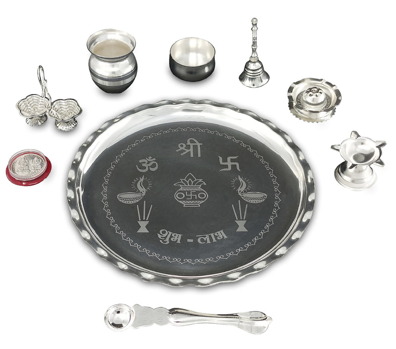 NOBILITY Silver Plated Pooja thali Set 9.5 Inch with Plate Kalash Palli Diya Kumkum Holder Bowl Dhup Dan Coin Ghanti Puja Thali for Diwali Home Mandir Office Wedding Return Gift Items