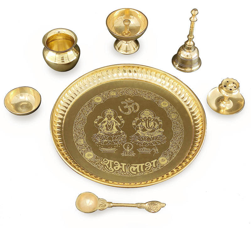 NOBILITY Brass Pooja thali Set 8 Inch with Pital Plate Kalash Spoon Piyali Diya Bowl Dhup Dan Ghanti Daily Puja Thali for Diwali Home Mandir Office Wedding Return Gift Items