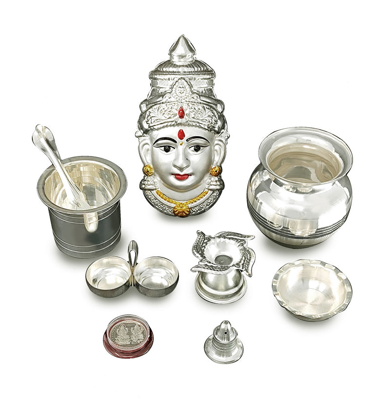 NOBILITY Silver Plated Pooja thali Set with Varalakshmi Devi Mukhota Idol Statue