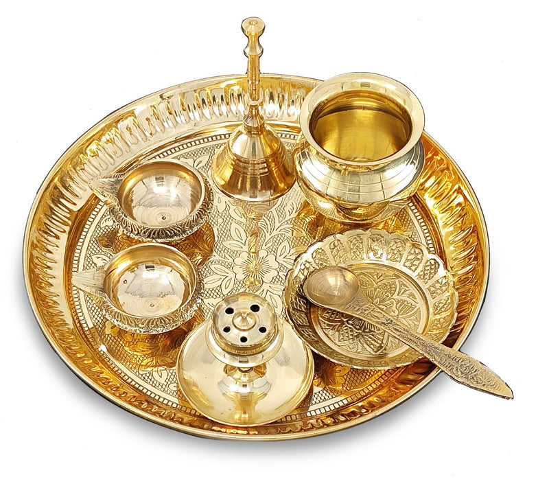 NOBILITY Brass Pooja Thali Set 7 Inch with Pital Puja Plate Kalash Bowl Spoon Dhup Dan Palli Ghanti Kuber Diya Chandan Wati Arti Thali for Diwali Home Office Mandir Wedding Return Gift Items