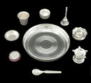 NOBILITY Silver Plated Pooja thali Set 7 Inch Plate Bowl Dhup Dan Diya Ghanti Glass Bowl Spoon Ganesh Lakshmi Desihn Coin Puja Thali for Diwali, Home, Temple, Office, Wedding Gift Items