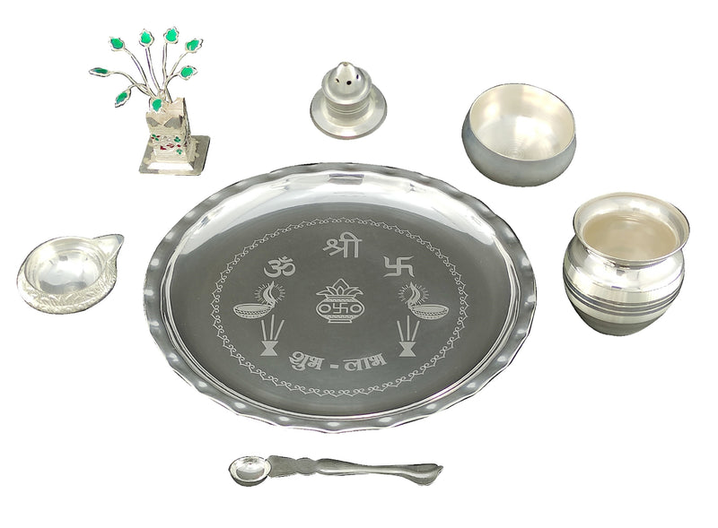 NOBILITY Silver Plated Pooja thali Set 8 Inch with Plate Bowl Loti Palli Agarbatti Stand Kuber Diya Tulsi Idol Puja Thali for Diwali Home Mandir Office Wedding Return Gift Items