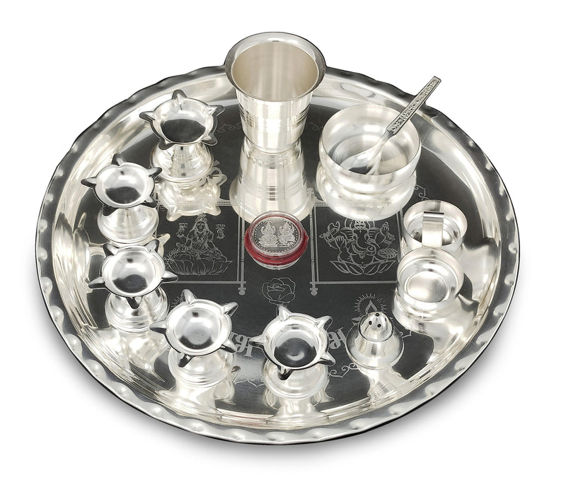 NOBILITY Silver Plated Pooja Thali Set 12 Inch with Designed Puja Thali Glass Bowl Dhup Dan Haldi Kumkum Stand Diya Spoon Coin for Home Mandir Office Wedding Return Gift Items