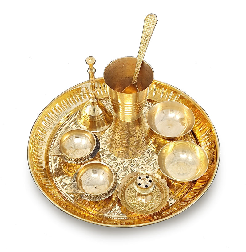 NOBILITY Brass Pooja Thali Set 7 Inch with Pital Puja Plate Kalash Bowl Spoon Dhup Dan Palli Ghanti Kuber Diya Chandan Wati Arti Thali for Diwali Home Office Mandir Wedding Return Gift Items