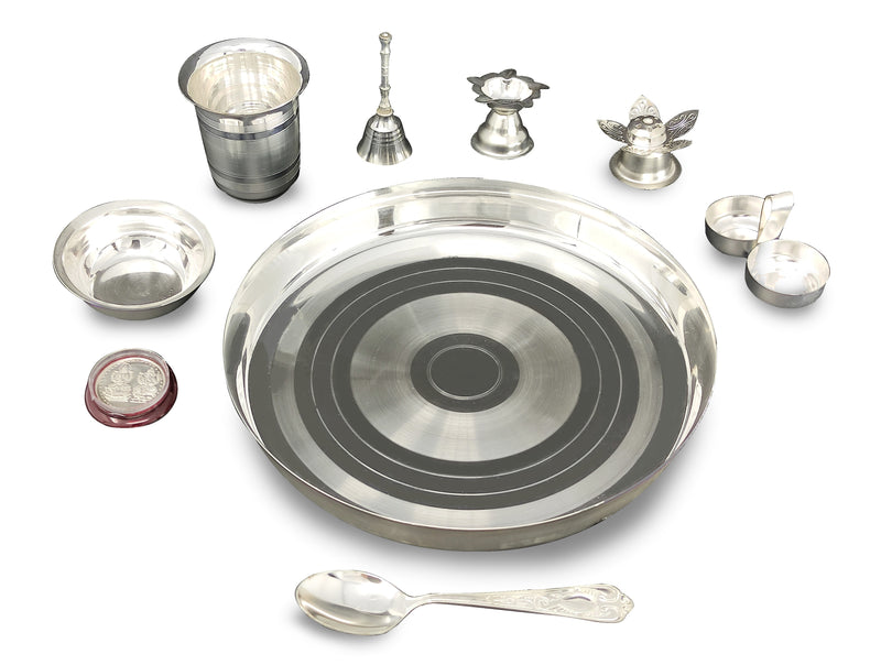 NOBILITY Silver Plated Pooja thali Set 9 Inch with Plate Bowl Agarbatti Stand Diya Kumkum Holder Coin Puja Thali for Home Mandir Office Wedding Return Diwali Gift Items